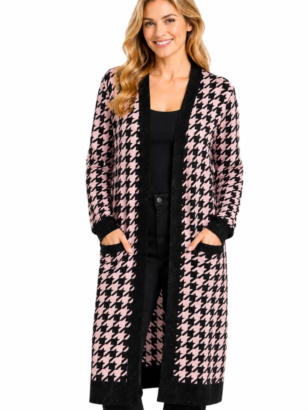 S8 Express XS Pink & Black Houndstooth Metallic Duster Cardigan | NWOT